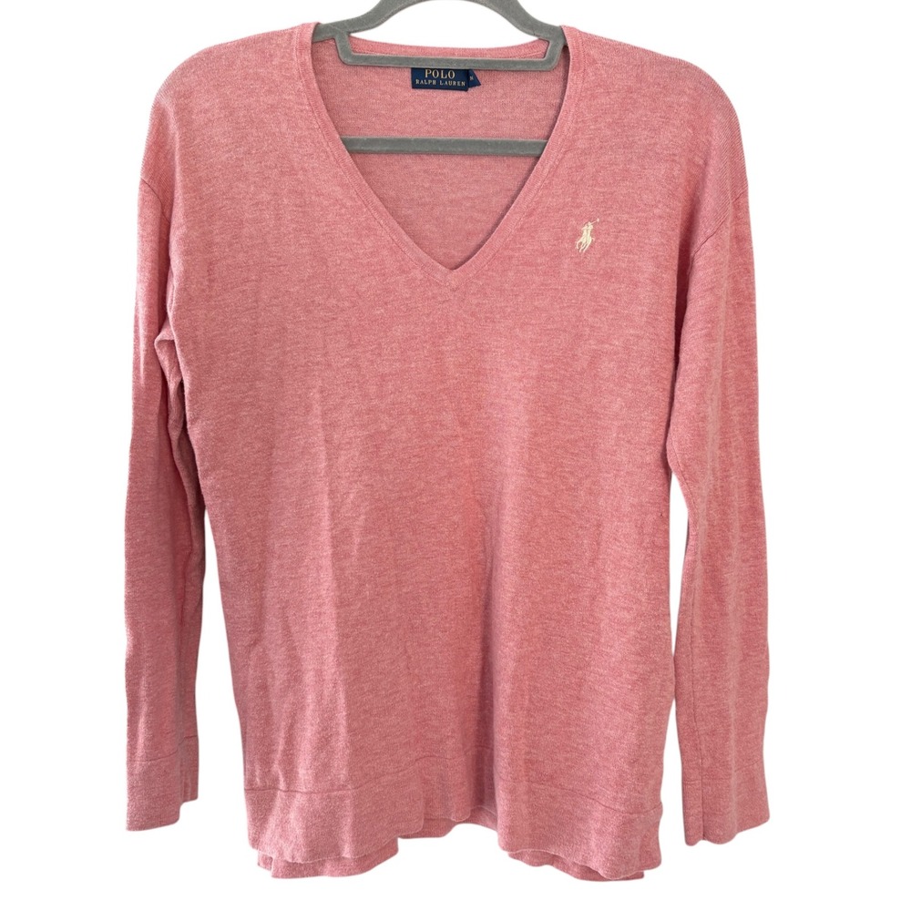 Polo Ralph Lauren Womens Medium V-Neck Sweater Pink Preppy Old Money Lightweight
